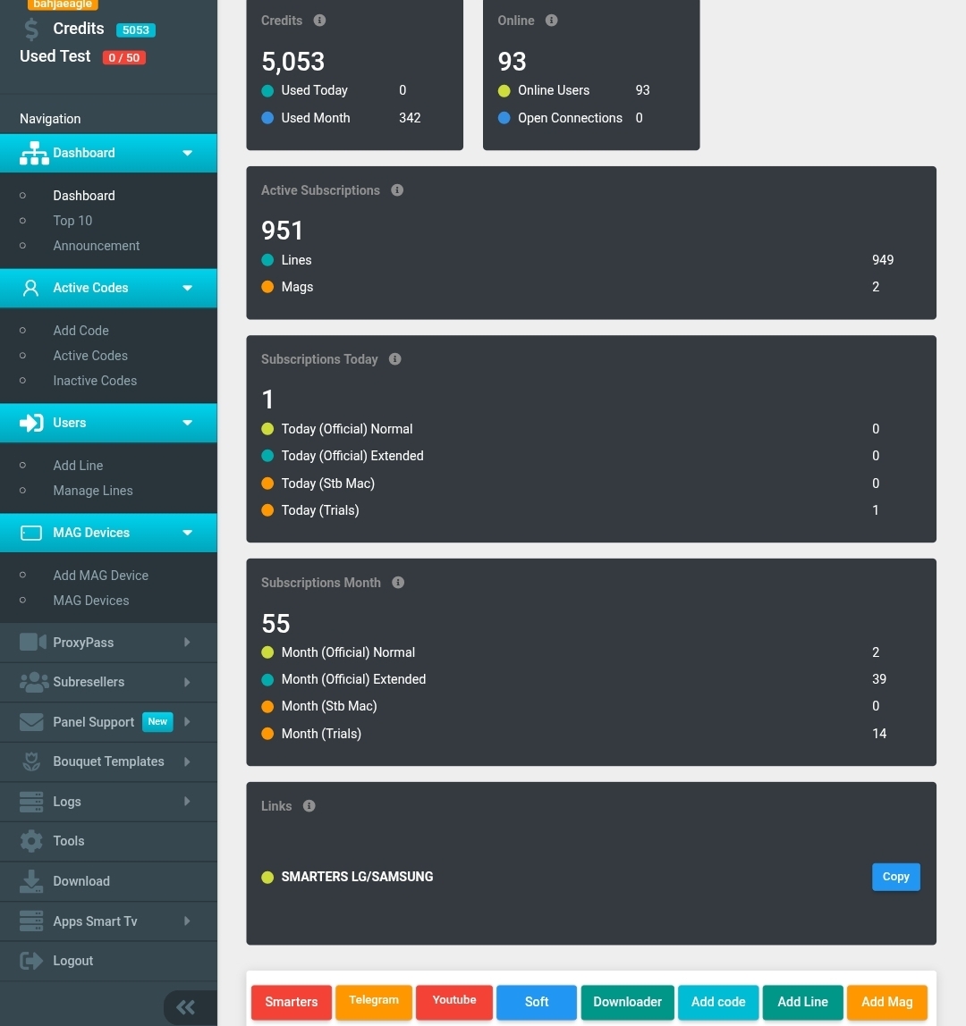 Fluxeo TV reseller panel dashboard showing customer and credit management